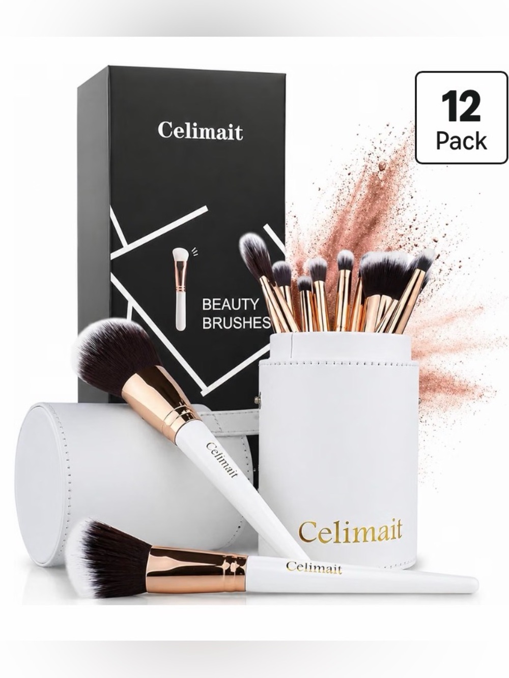 H28 WHITE Makeup Brush Set with Case Synthetic Bristles 12pc Wood Handle NEW